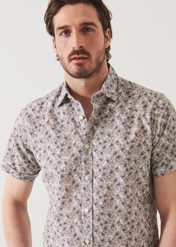 Short Sleeve Leaf Print Cotton Button Up
