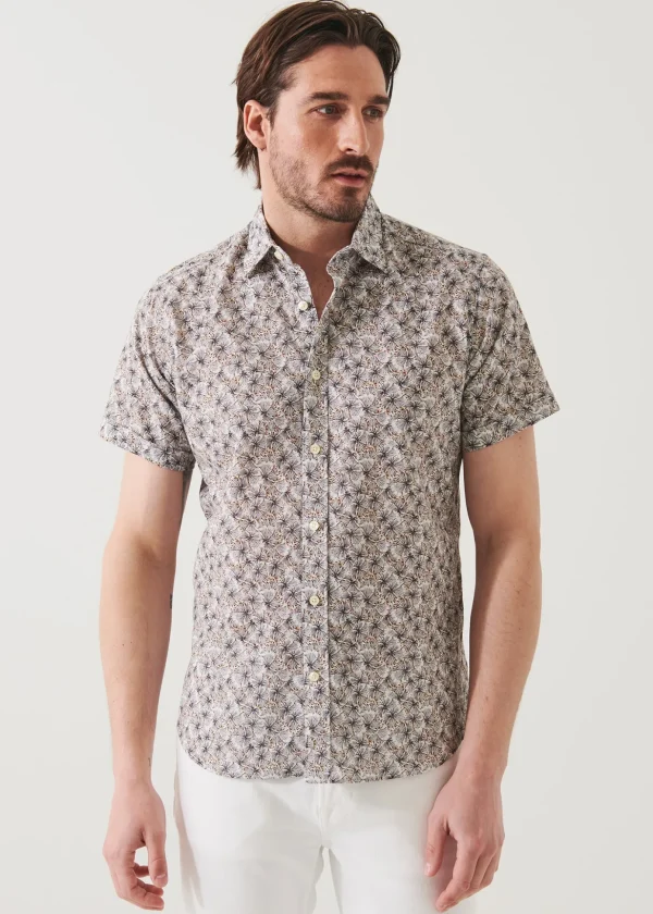 Short Sleeve Leaf Print Cotton Button Up