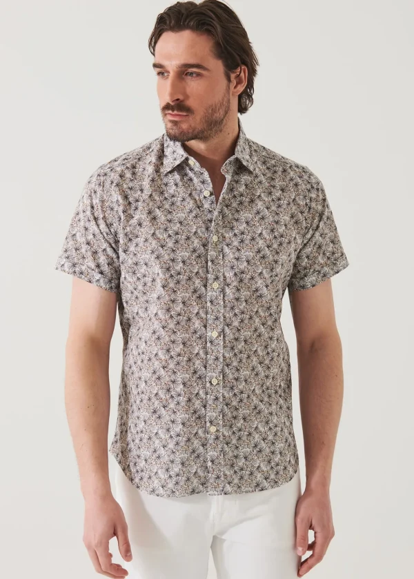 Short Sleeve Leaf Print Cotton Button Up