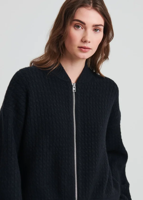 Wool Blend Cable Zip-Up Bomber