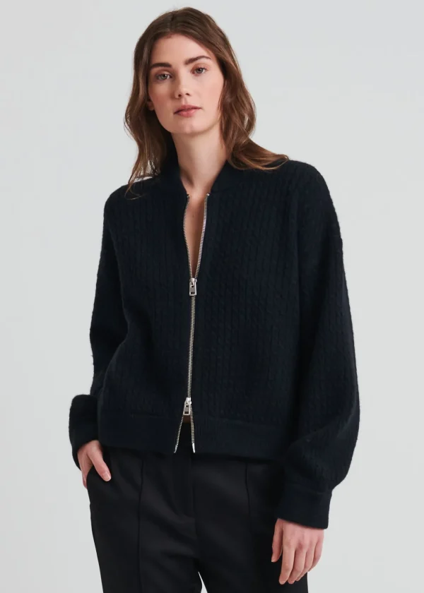 Wool Blend Cable Zip-Up Bomber